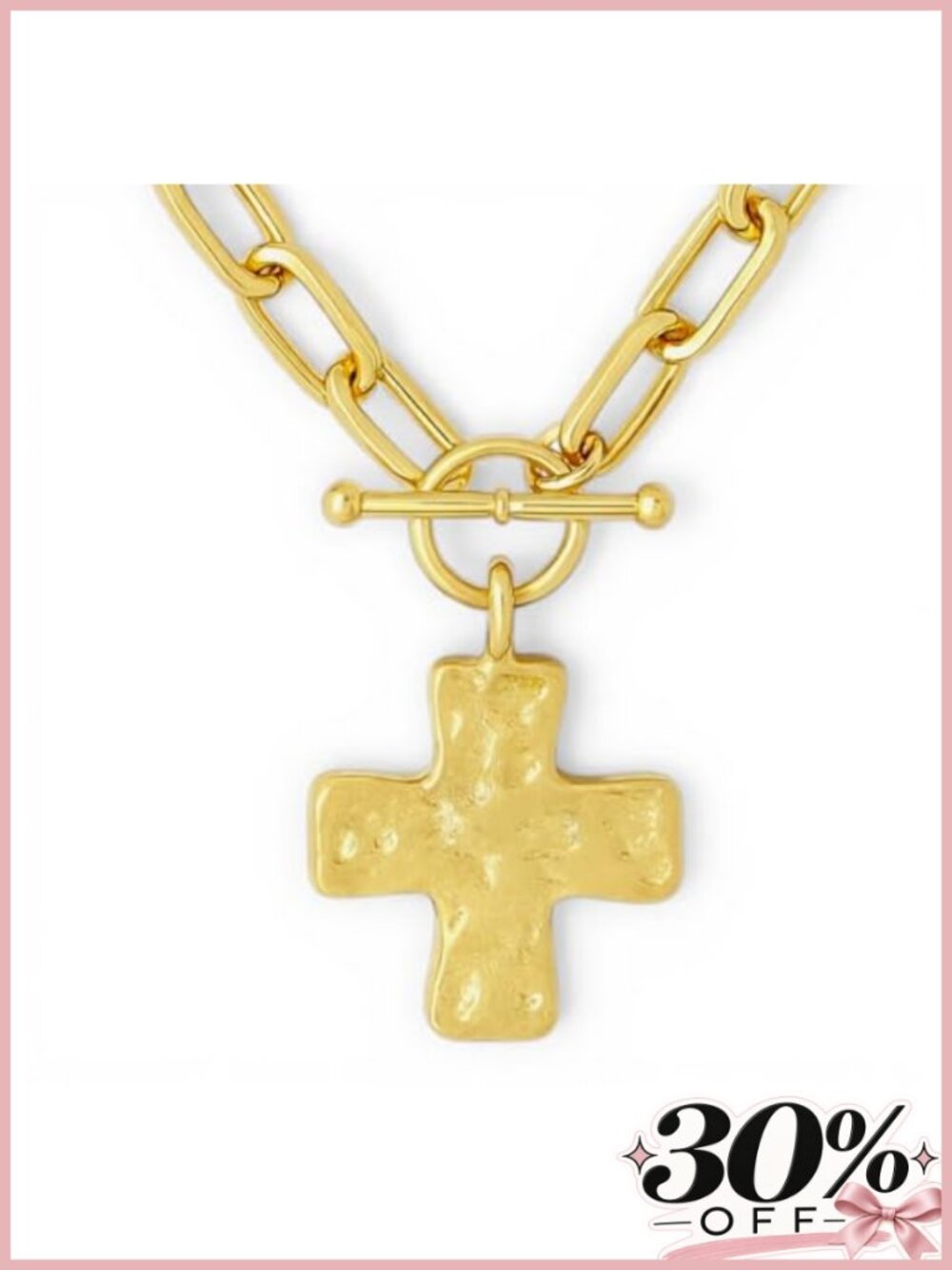 Chunky Gold Plated Paperclip Chain Necklace with Cross Pendant
